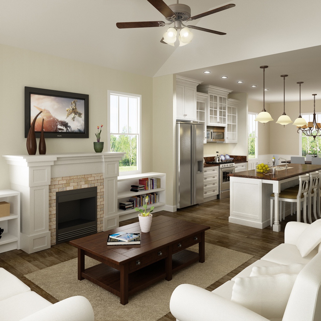 Светлая гостиная комната с кухней 