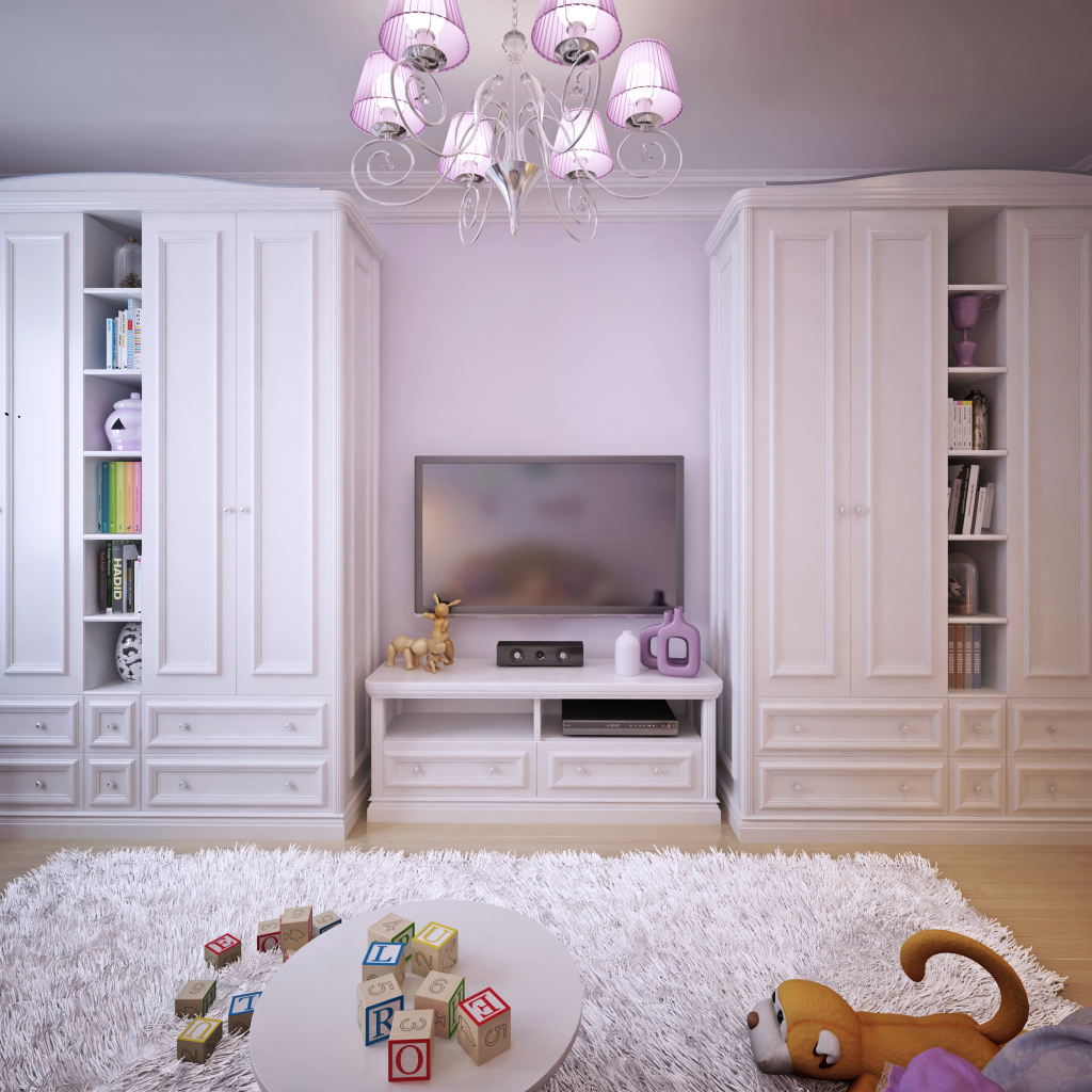 Детская комната с двумя большими белыми шкафами 