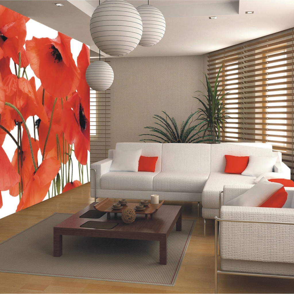 Гостиная комната с диваном и картиной с маками на стене 