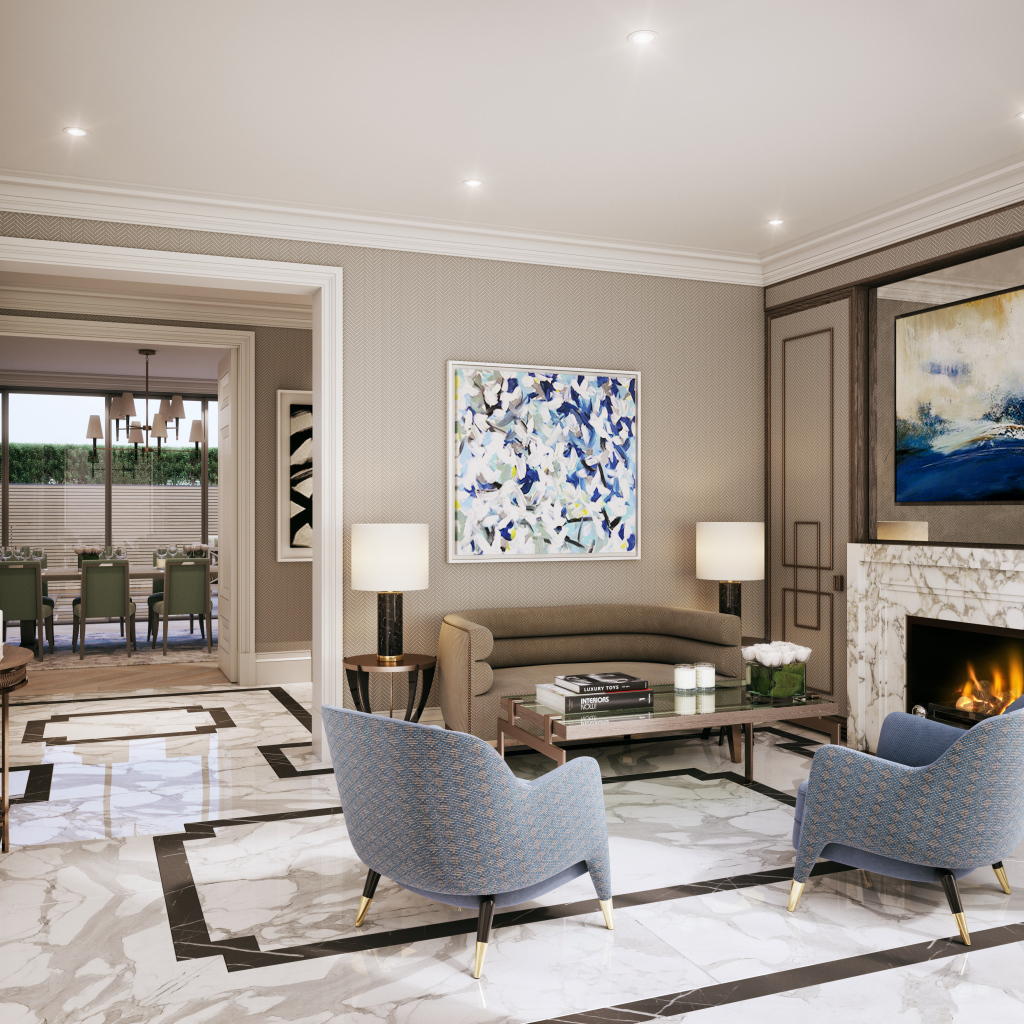 Гостиная с камином  и большой картиной на стене