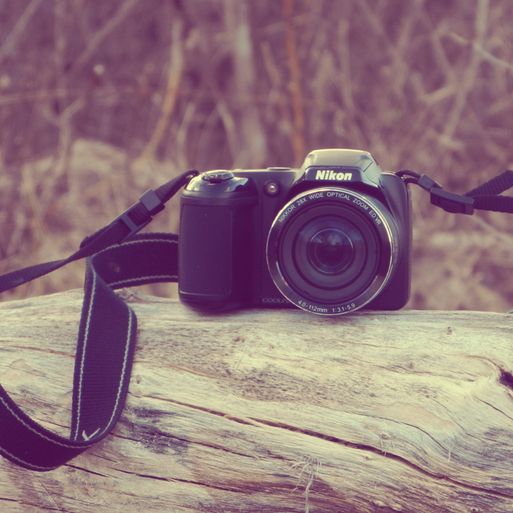 Фотоаппарат Nikon лежит на сухом дереве
