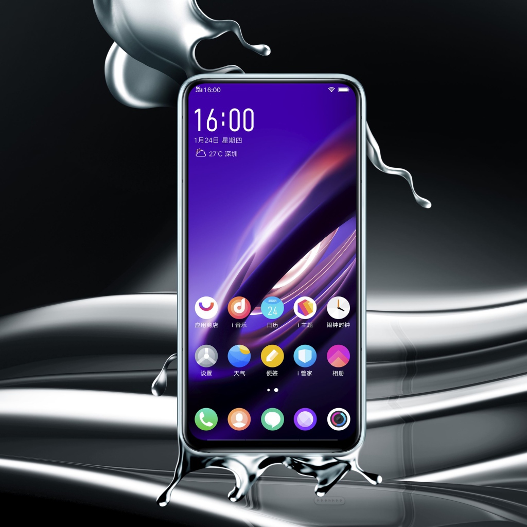 Тонкий новый смартфон Vivo Apex, 2019 года на сером фоне