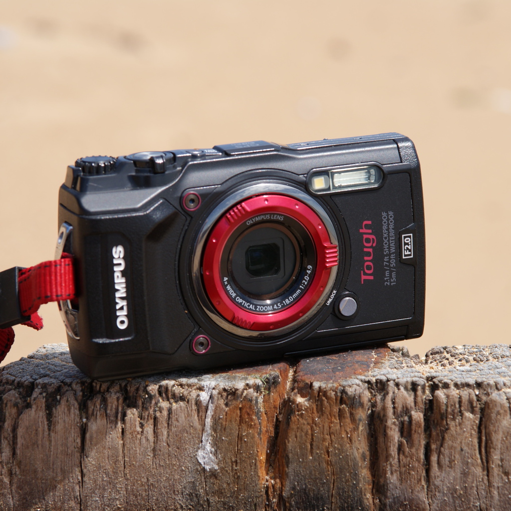 Стильный фотоаппарат Olympus Tough TG-5 стоит на пне