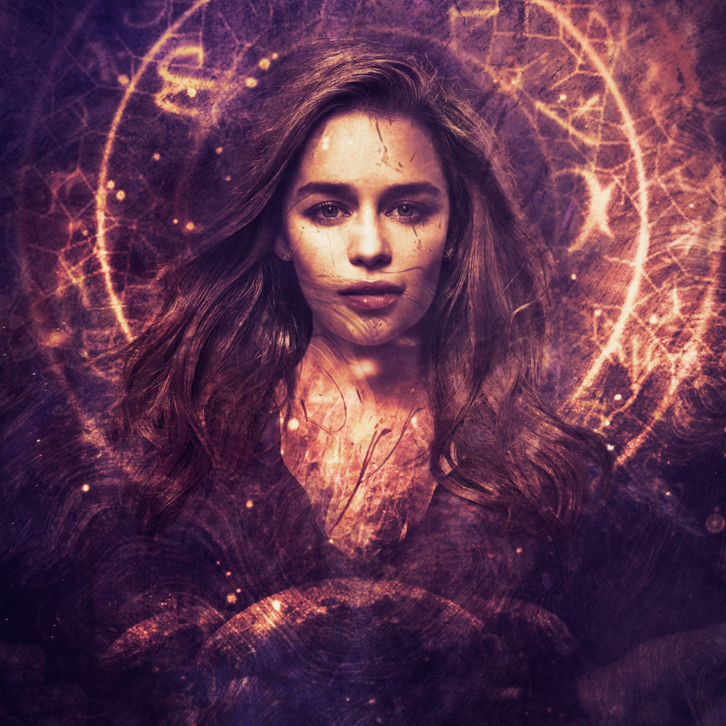 Лицо актрисы Эмилии Кларк на светящемся фоне,  фентези