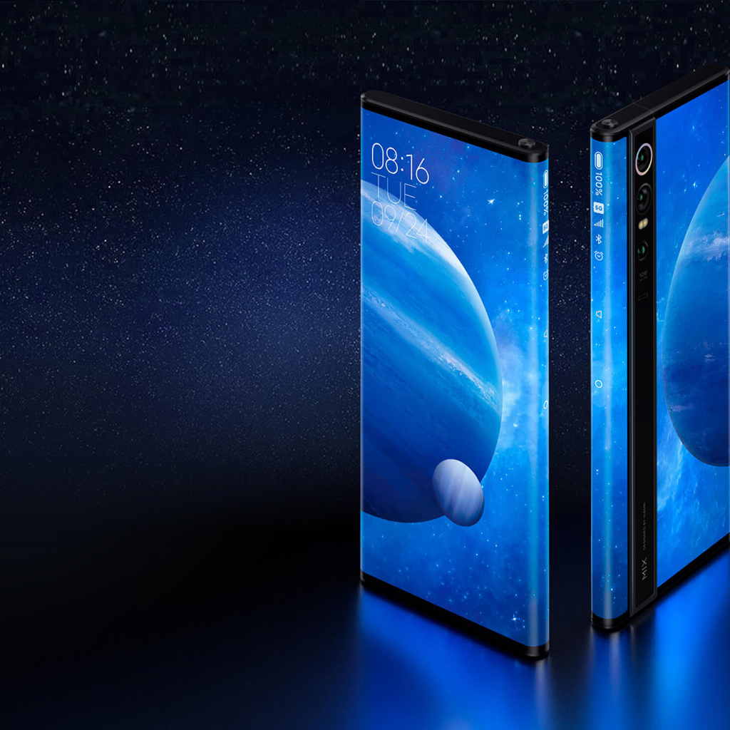 Новый смартфон Xiaomi Mi Mix Alpha на синем фоне