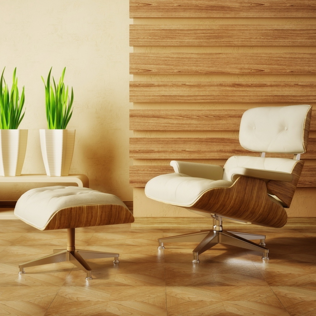 Мягкое кресло в комнате с деревянным интерьером 