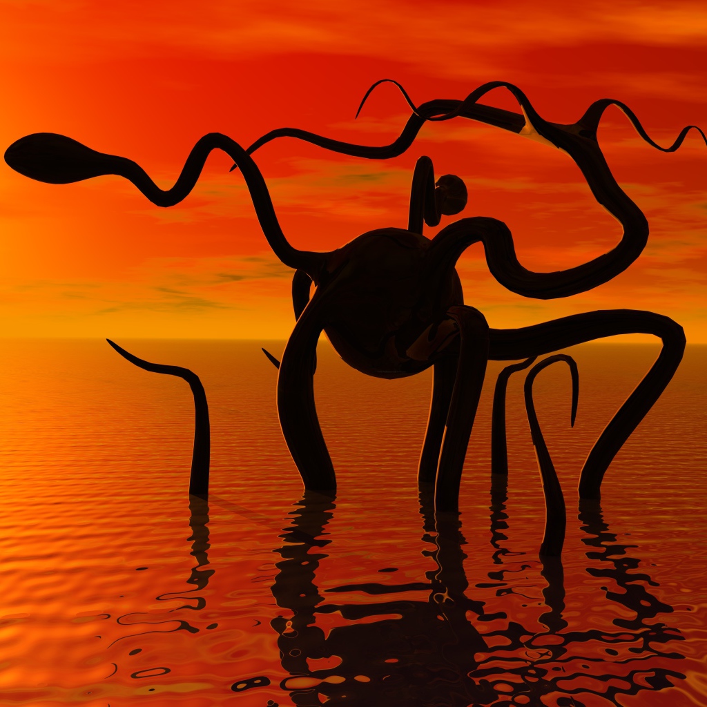 Фантастическое животное в спокойной морской воде на закате солнца