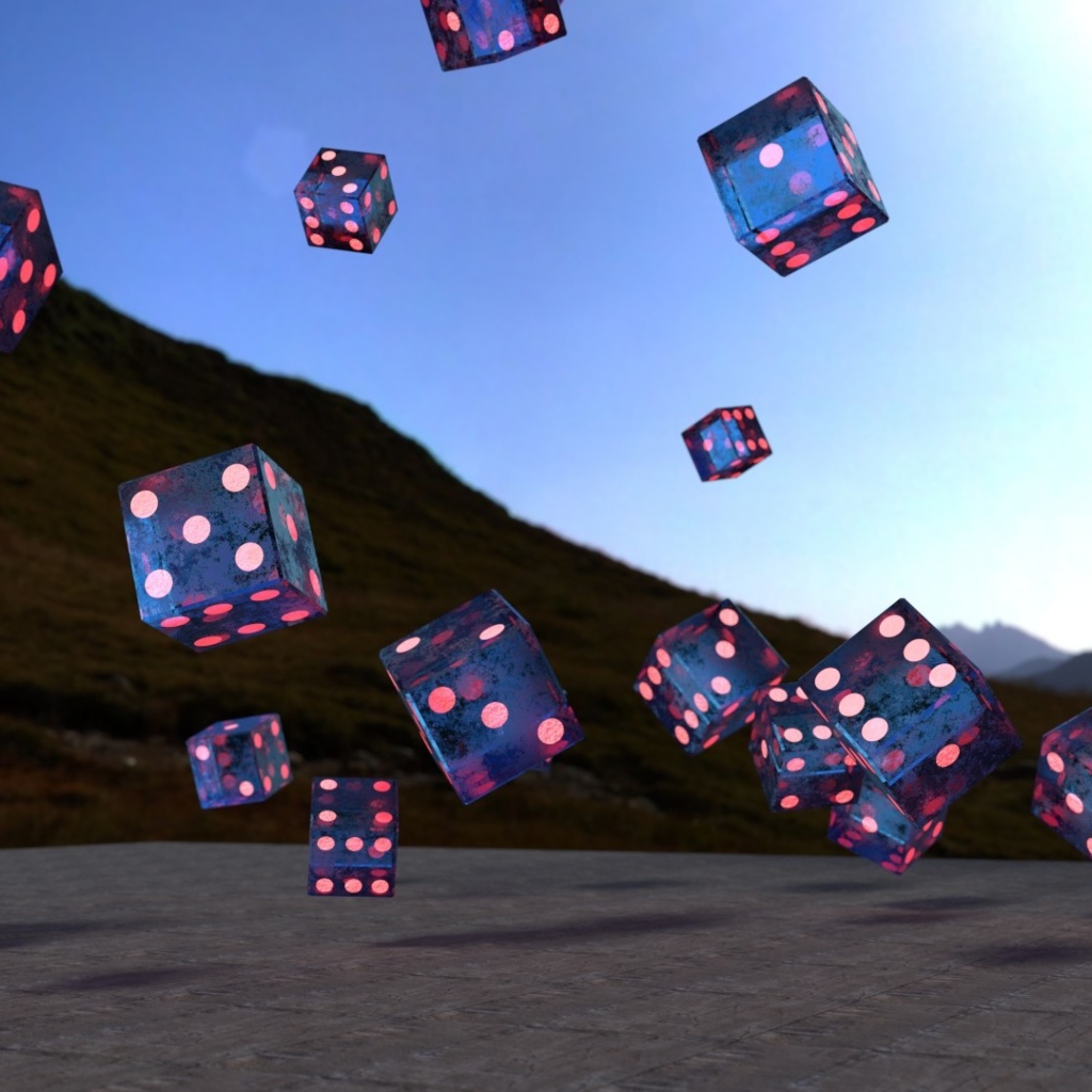 Летающие игральные кости над дорогой, 3д графика