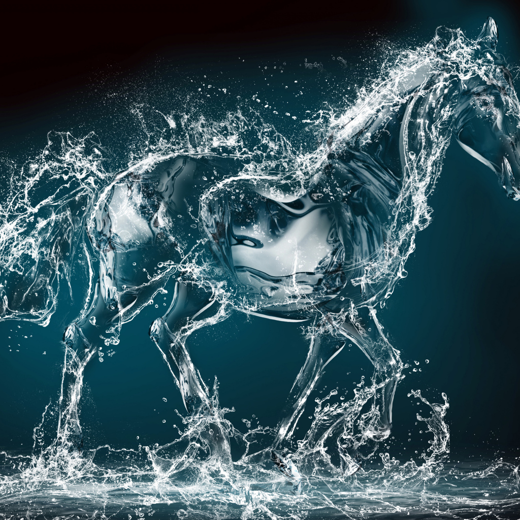 Конь из воды на черном фоне, 3д графика