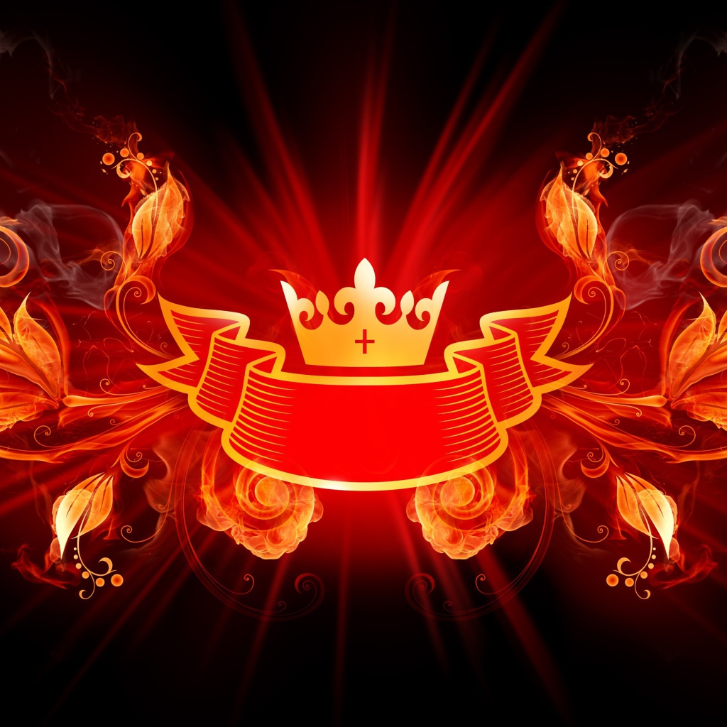 Logo crown with ribbon and fiery flowers.
