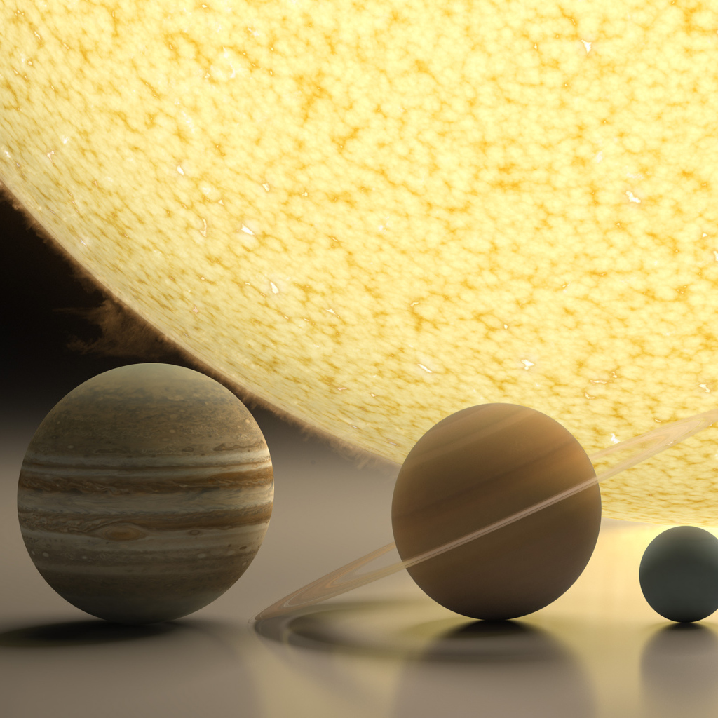 Models of planets in the yellow sun, 3D graphics