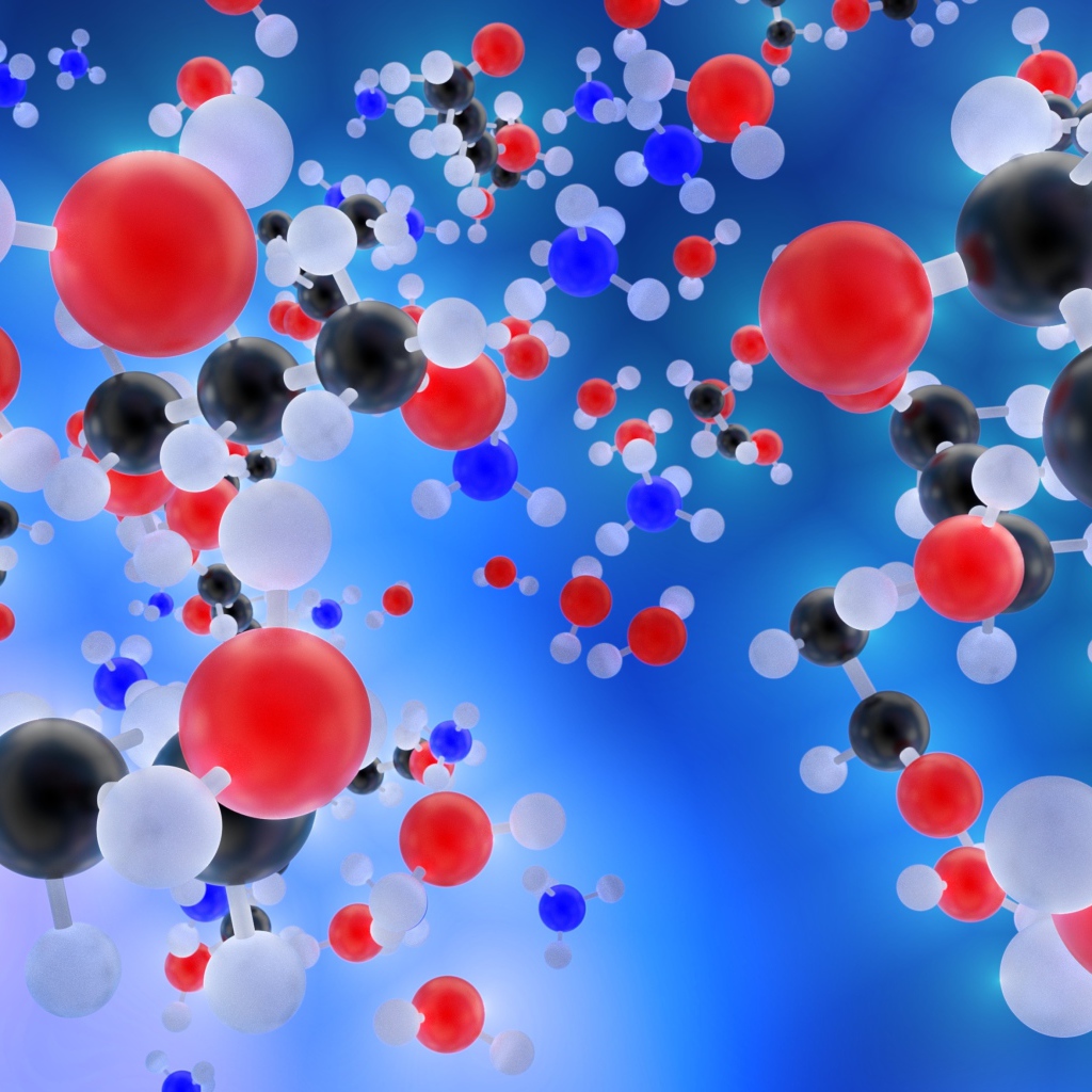 Multicolored molecules on a blue background