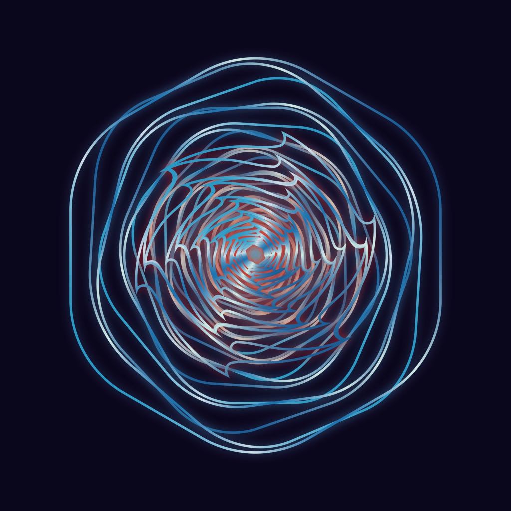 Неоновые фрактальные волны в рисунке на синем фоне