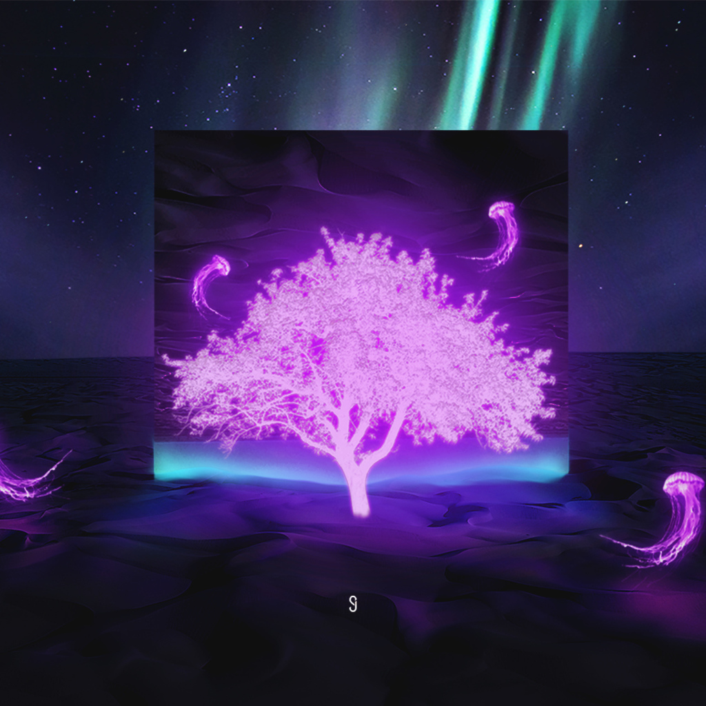 Неоновое дерево в пустыне на фоне неба с северным сиянием