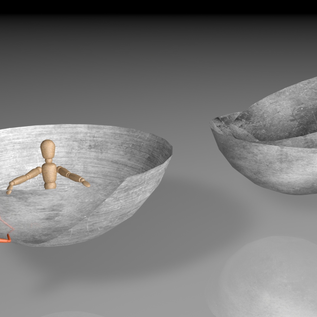 Роботы в серых чашах на сером фоне 3д графика