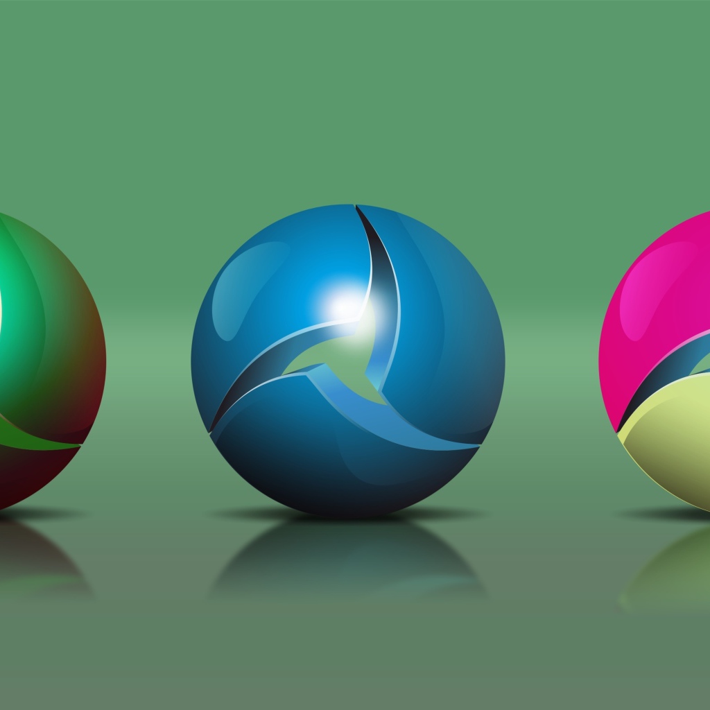 Три разноцветных 3д шара на зеленом фоне 