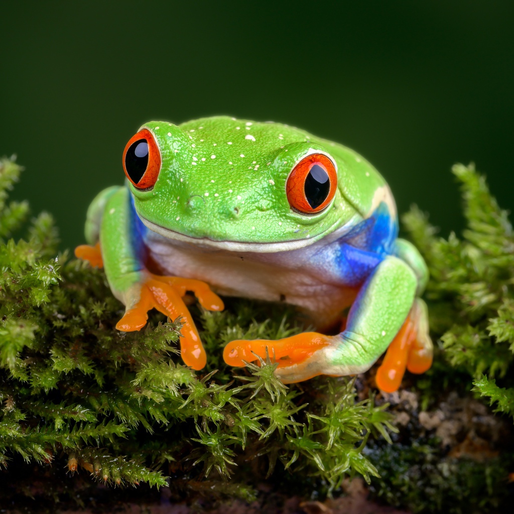 A green frog sits on moss-covered ground
