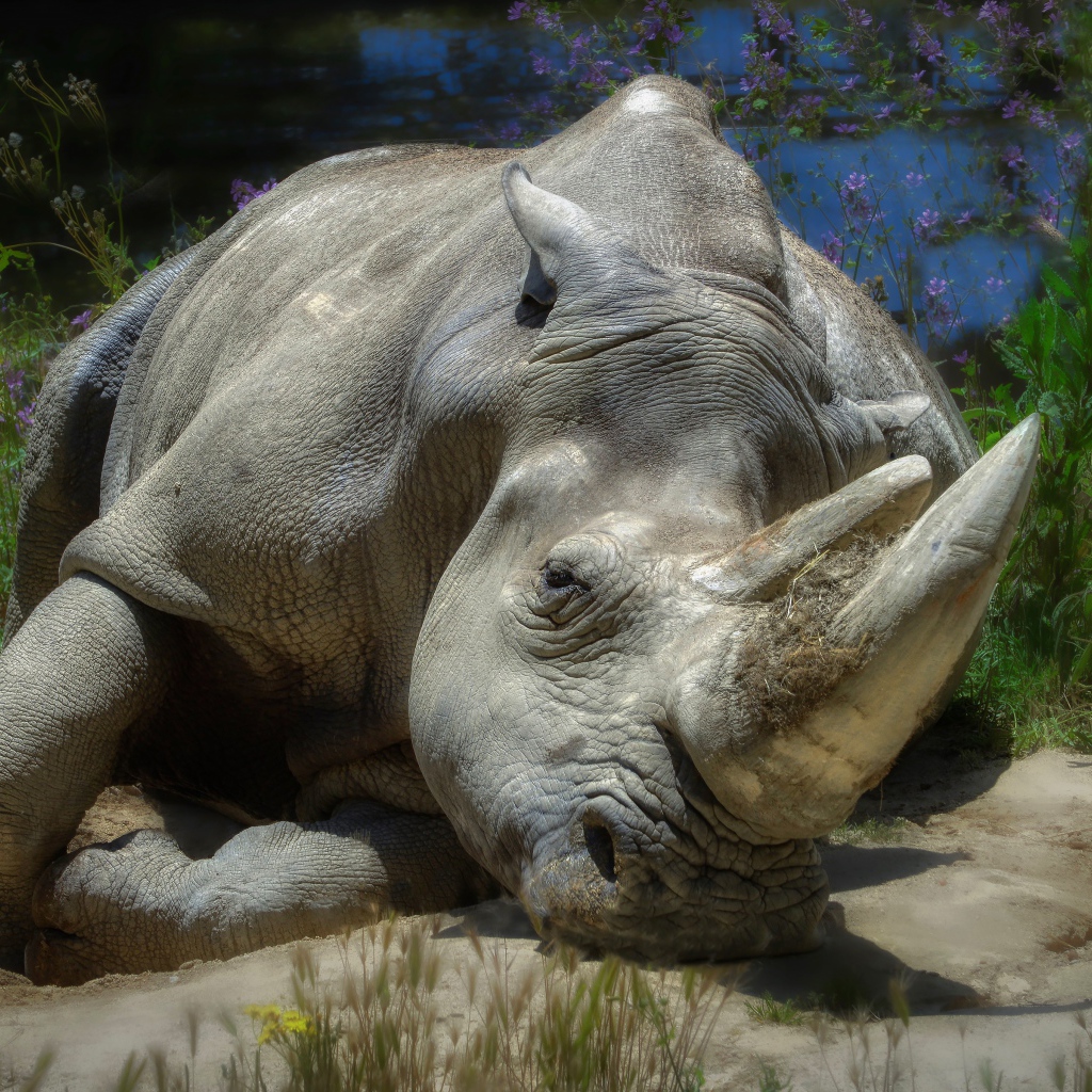 Большой носорог лежит на земле у пруда 