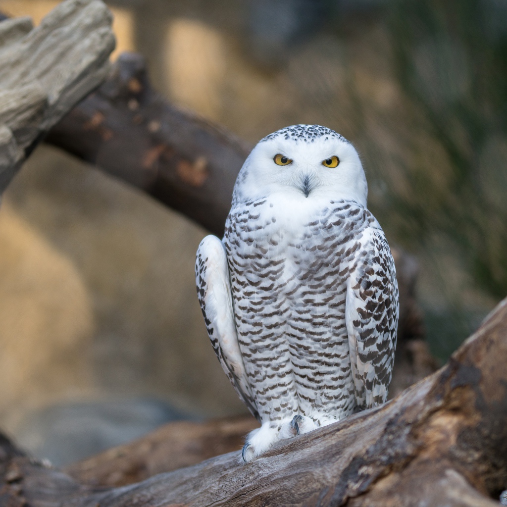 Большая белая сова с желтыми глазами сидит на дереве 