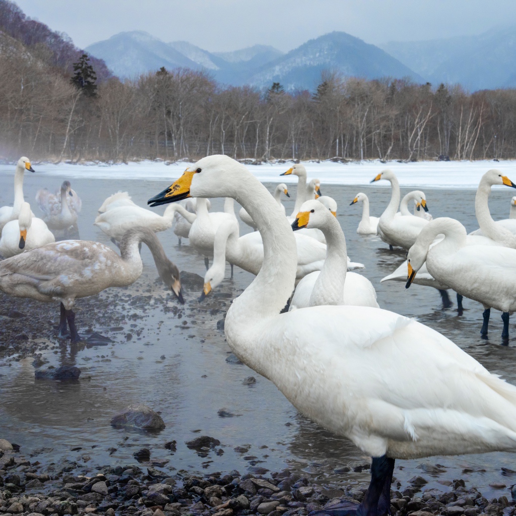 Красивые белые лебеди в зимнем озере в горах
