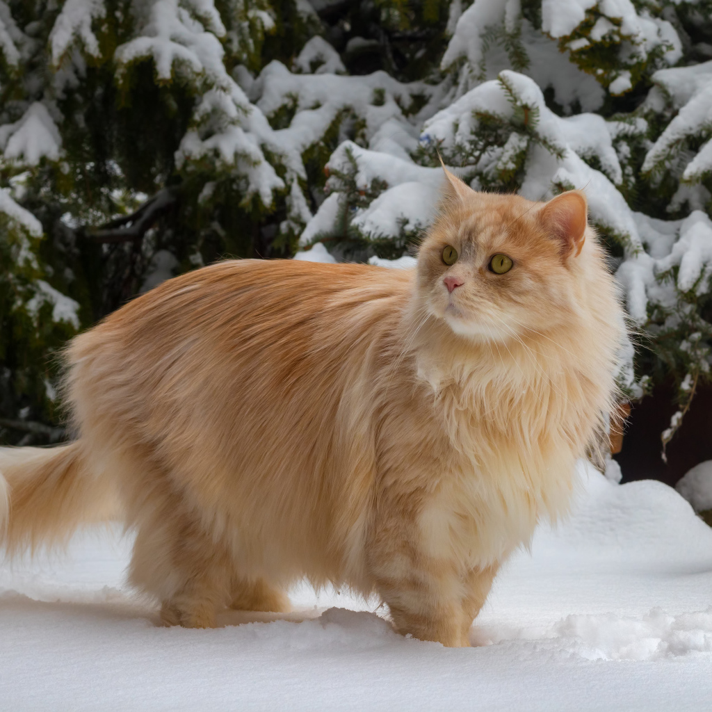 Красивый пушистый рыжий кот у заснеженной ели