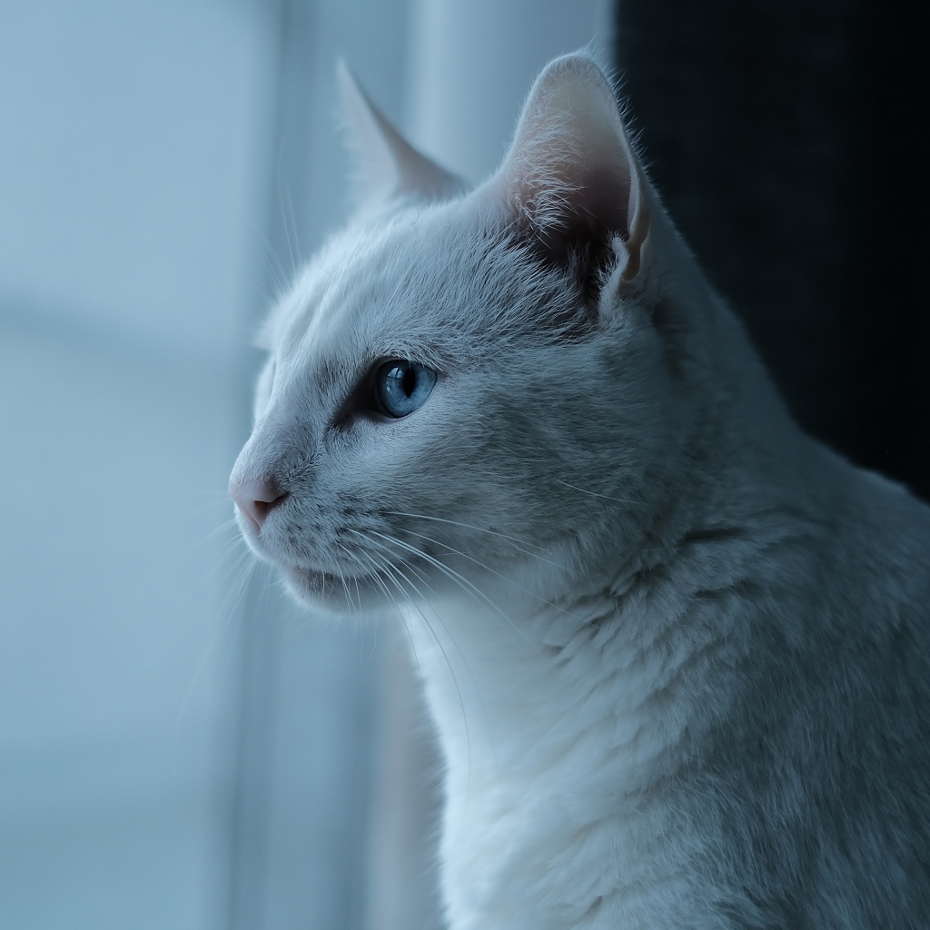 Красивая белая голубоглазая кошка у окна