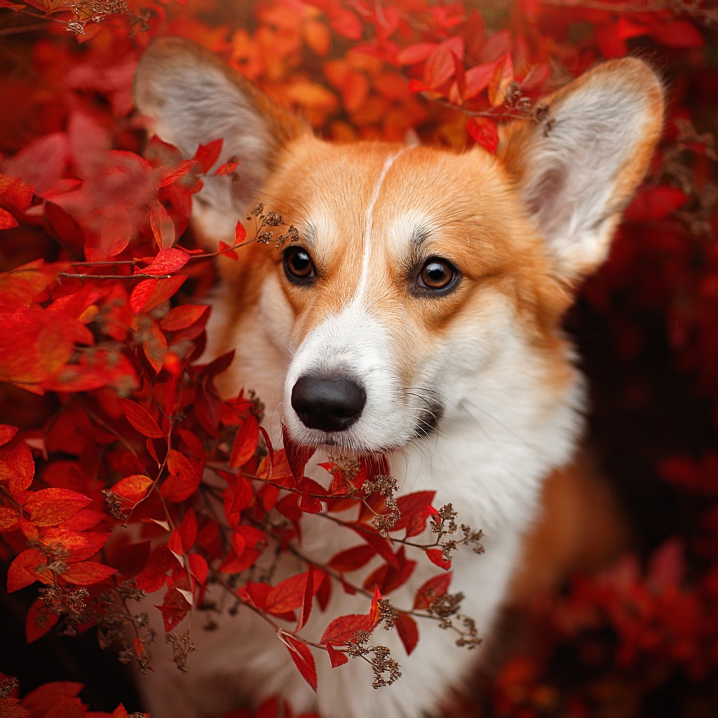 Рыжая собака вельш корги в красных листьях 