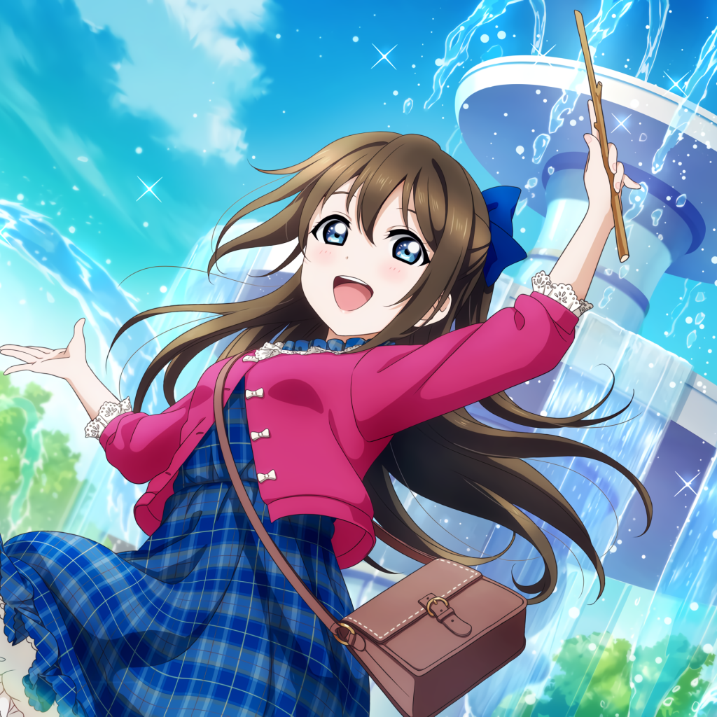 Девушка аниме в платье стоит у фонтана