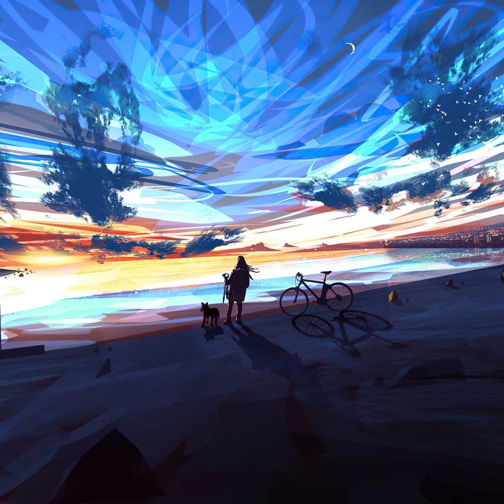 Девушка аниме смотрит на фантастическое небо 