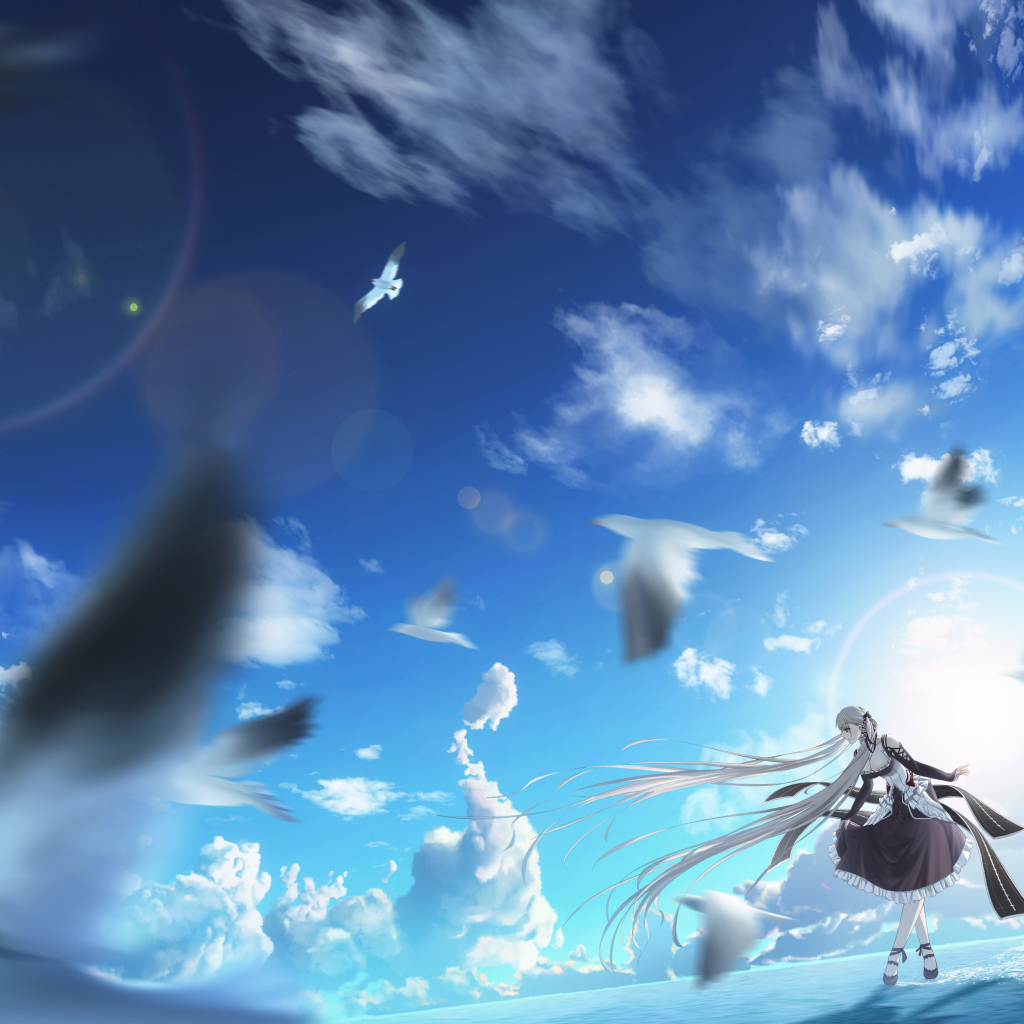 Anime girl on a background of blue sky with birds