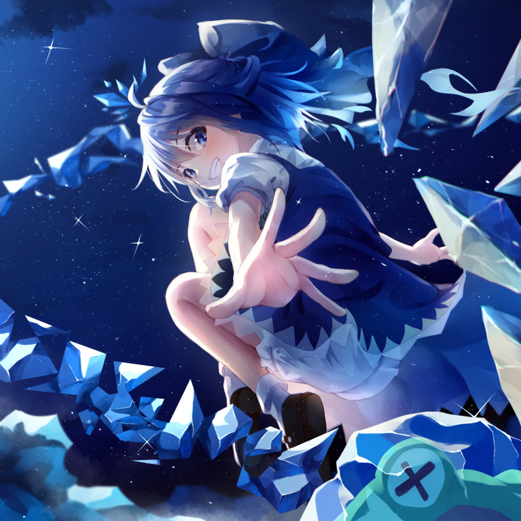 Anime girl with blue hair throws crystals