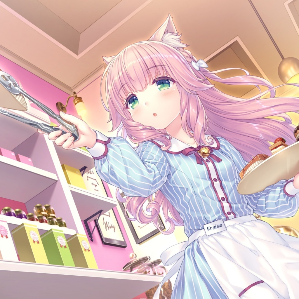 Девушка аниме с розовыми волосами на кухне