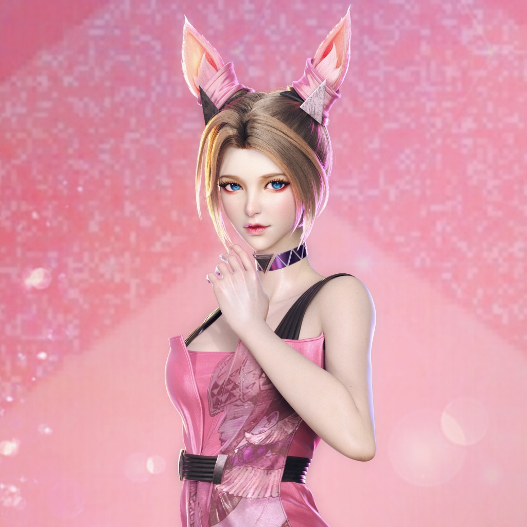 Девушка аниме с ушами белки на розовом фоне