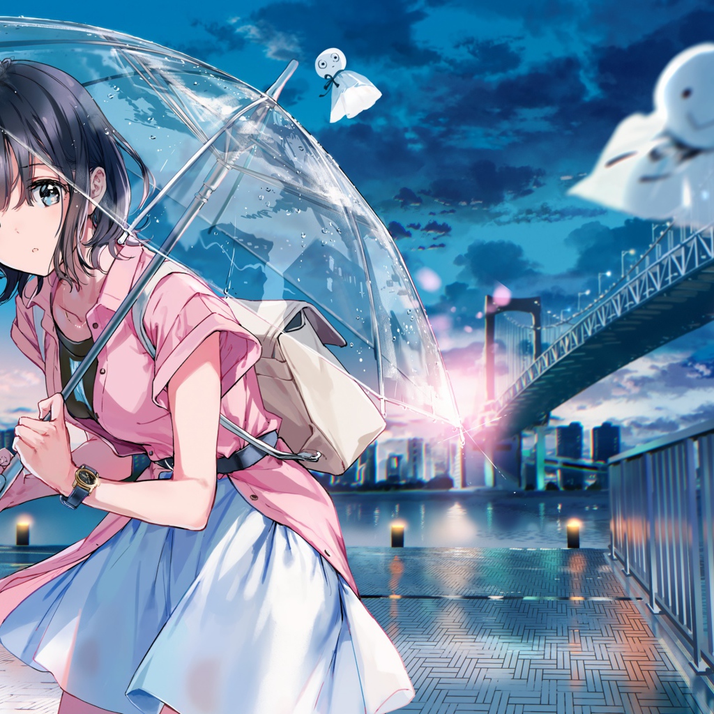 Anime girl with umbrella on the bridge