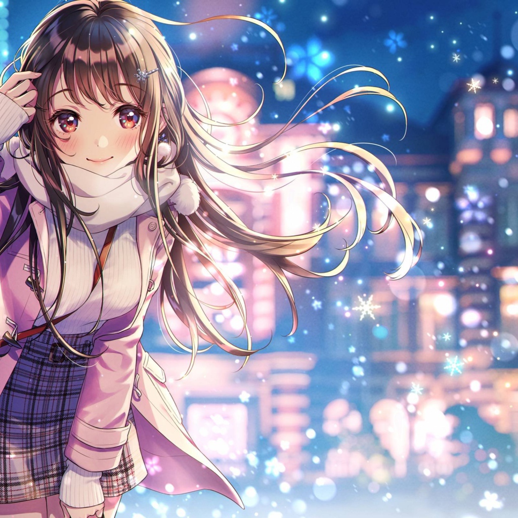 Девушка азиатка с длинными волосами зимой на улице