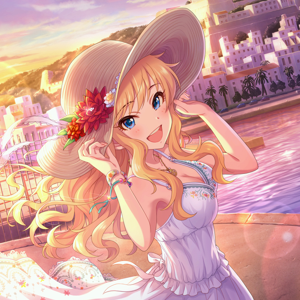 Beautiful anime girl in a hat by the river
