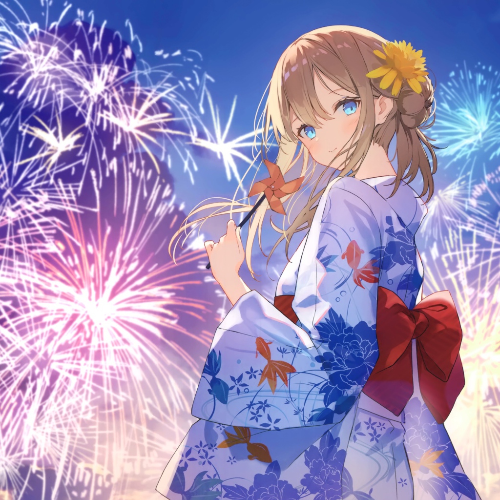 Красивая девушка аниме в кимоно на фоне салюта
