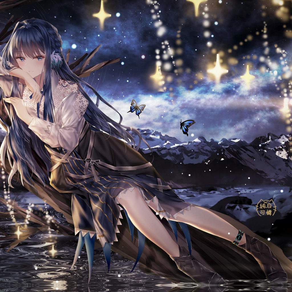 Красивая девушка аниме лежит на дереве у воды