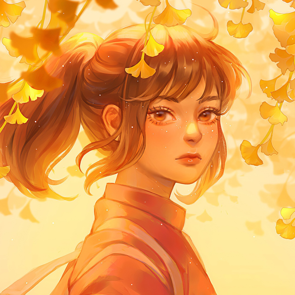 Красивое лицо девушки аниме на фоне листьев 