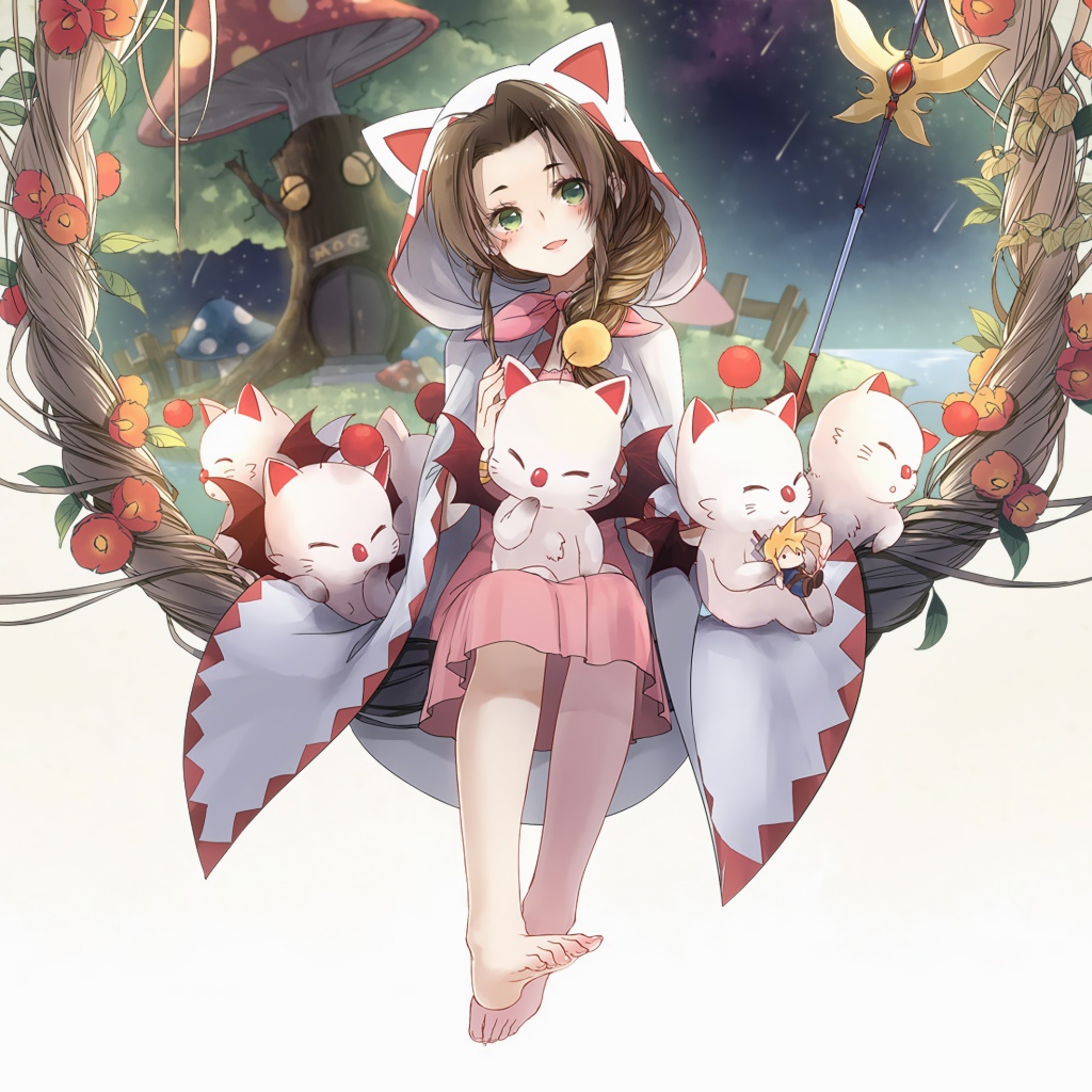 Милая девушка аниме с котятами на белом фоне