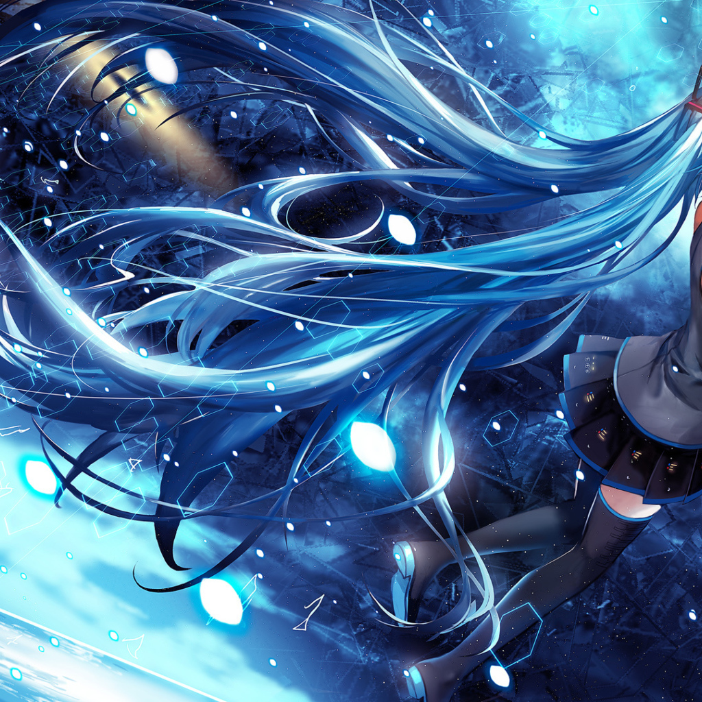 Девушка аниме Мику Хацунэ с длинными голубыми волосами  в космосе