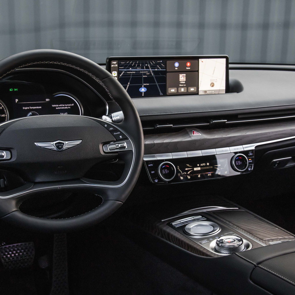 Black interior of the car Genesis G80, 2021
