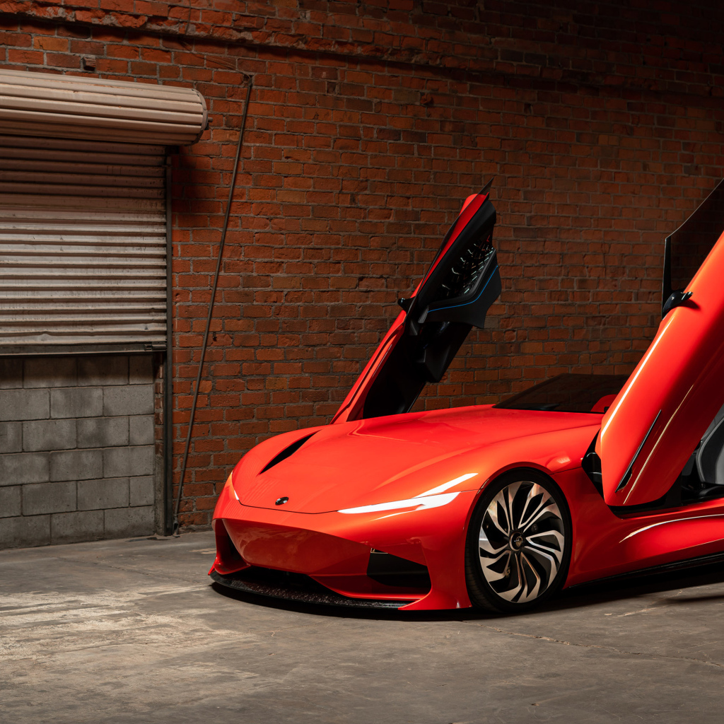 Красный автомобиль Karma SC1 Vision Concept 2019 года с открытыми дверями