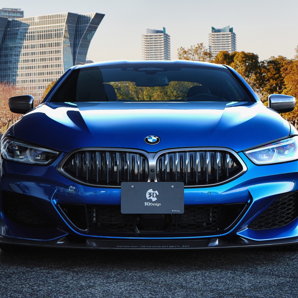 Синий автомобиль  BMW M850i XDrive Coupe 2020 года на фоне города 