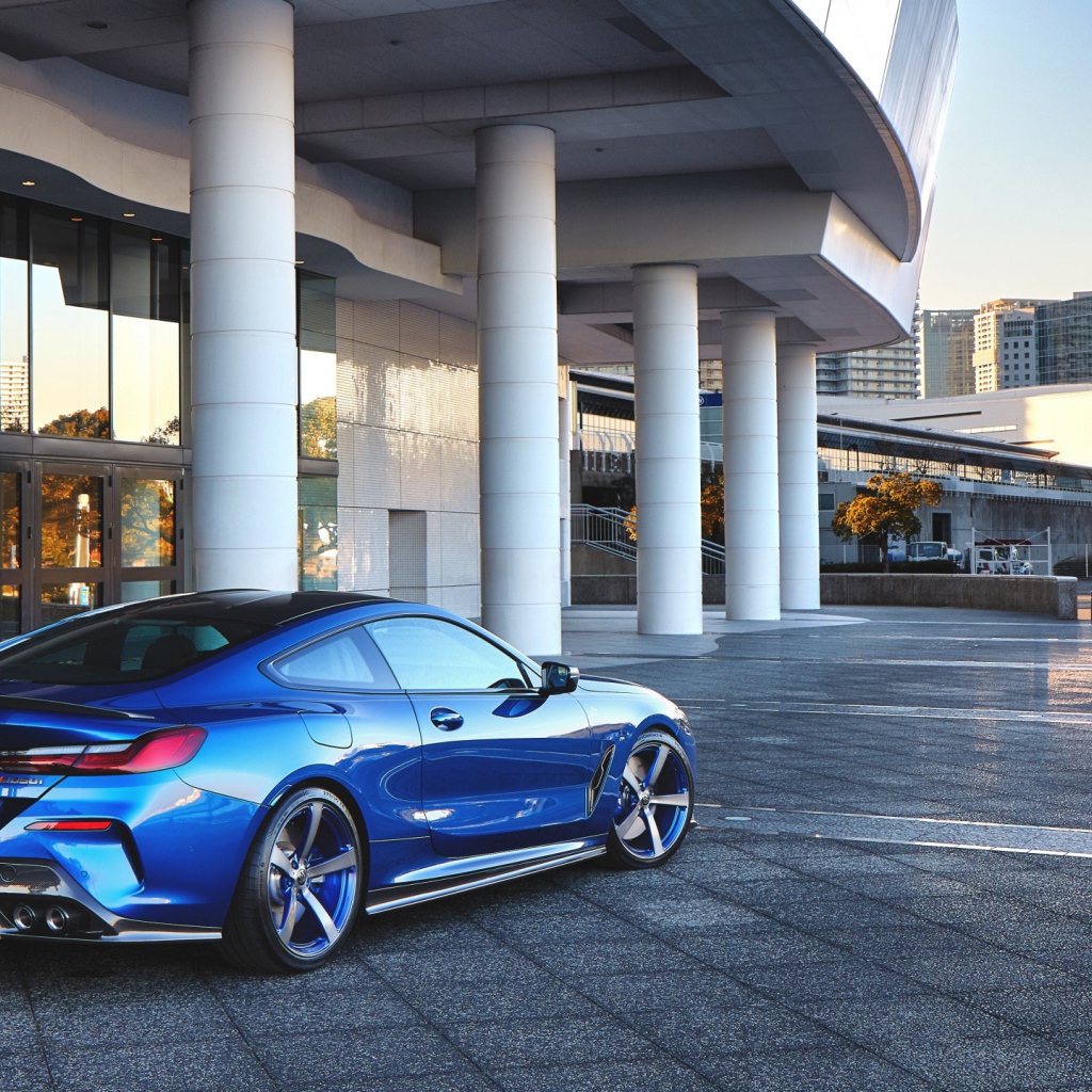 Синий автомобиль BMW M850i XDrive Coupe 2020 года у здания вид сзади