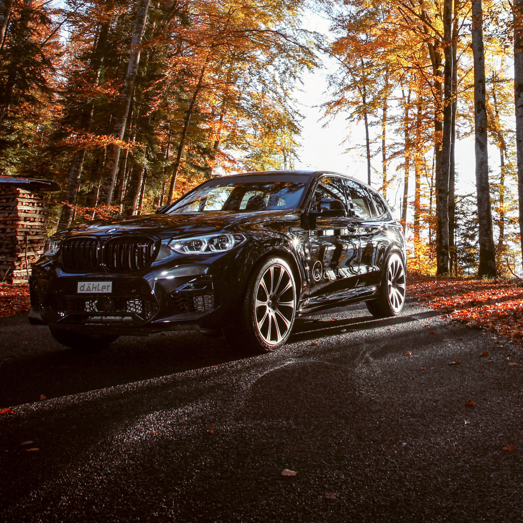Черный автомобиль BMW X3 M Competition Line 2019 года в осеннем лесу