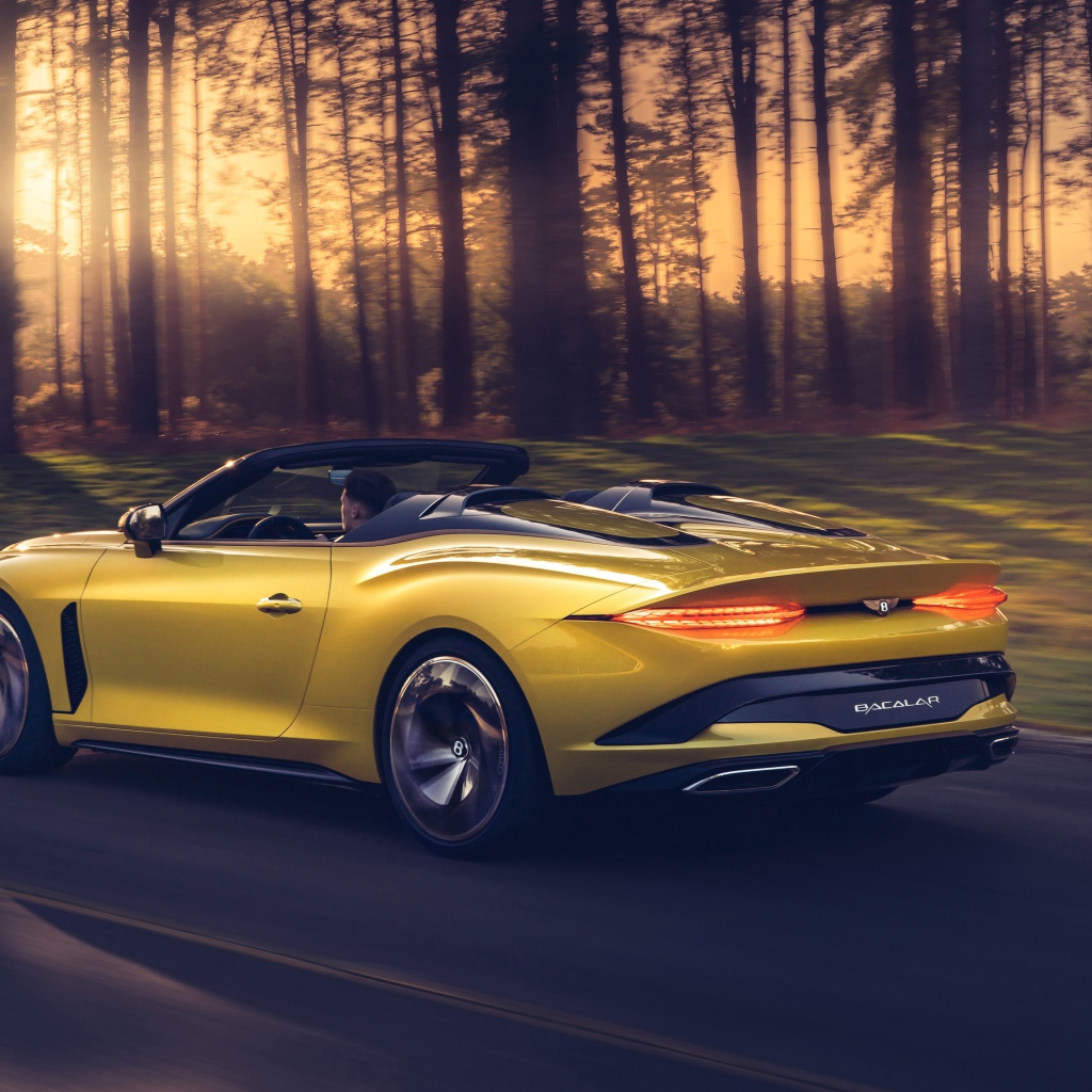 Желтый автомобиль Bentley Mulliner Bacalar 2020 года в лесу 