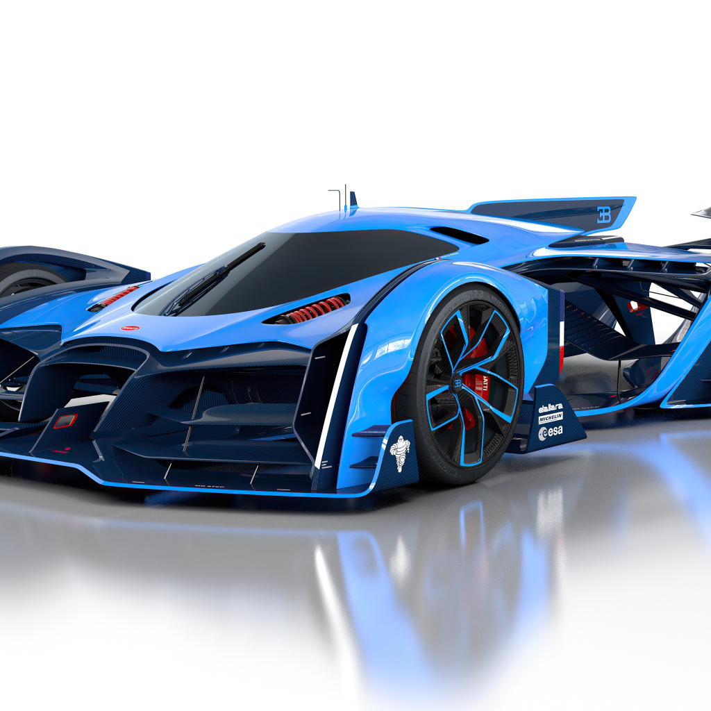 Синий спортивный автомобиль Bugatti Vision Le Mans, 2021 года на белом фоне
