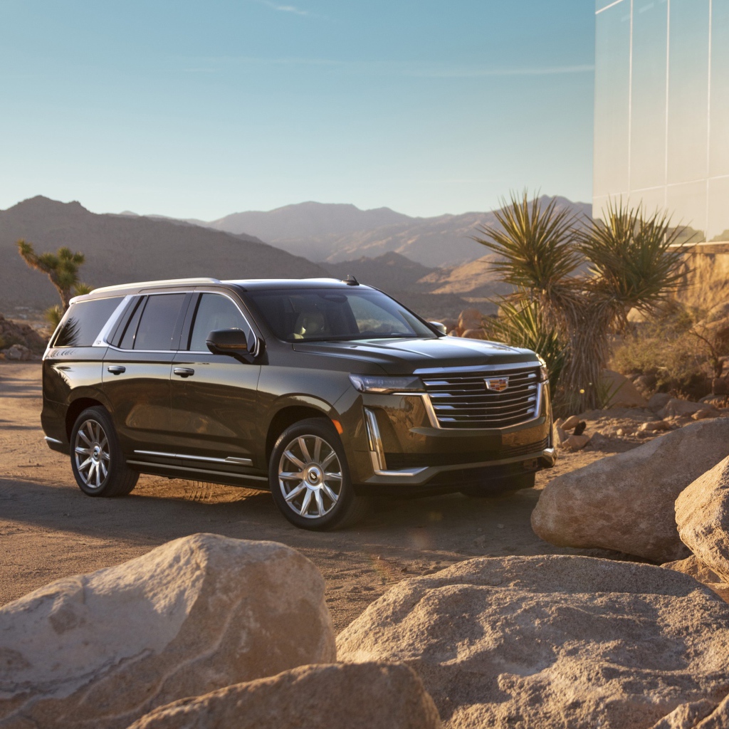 Черный внедорожник  Cadillac Escalade Platinum Luxury, 2021 года у камней