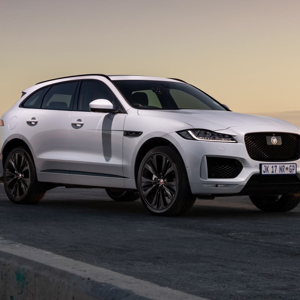 Белый внедорожник Jaguar F-Pace 25d AWD Chequered Flag 2020 года у воды